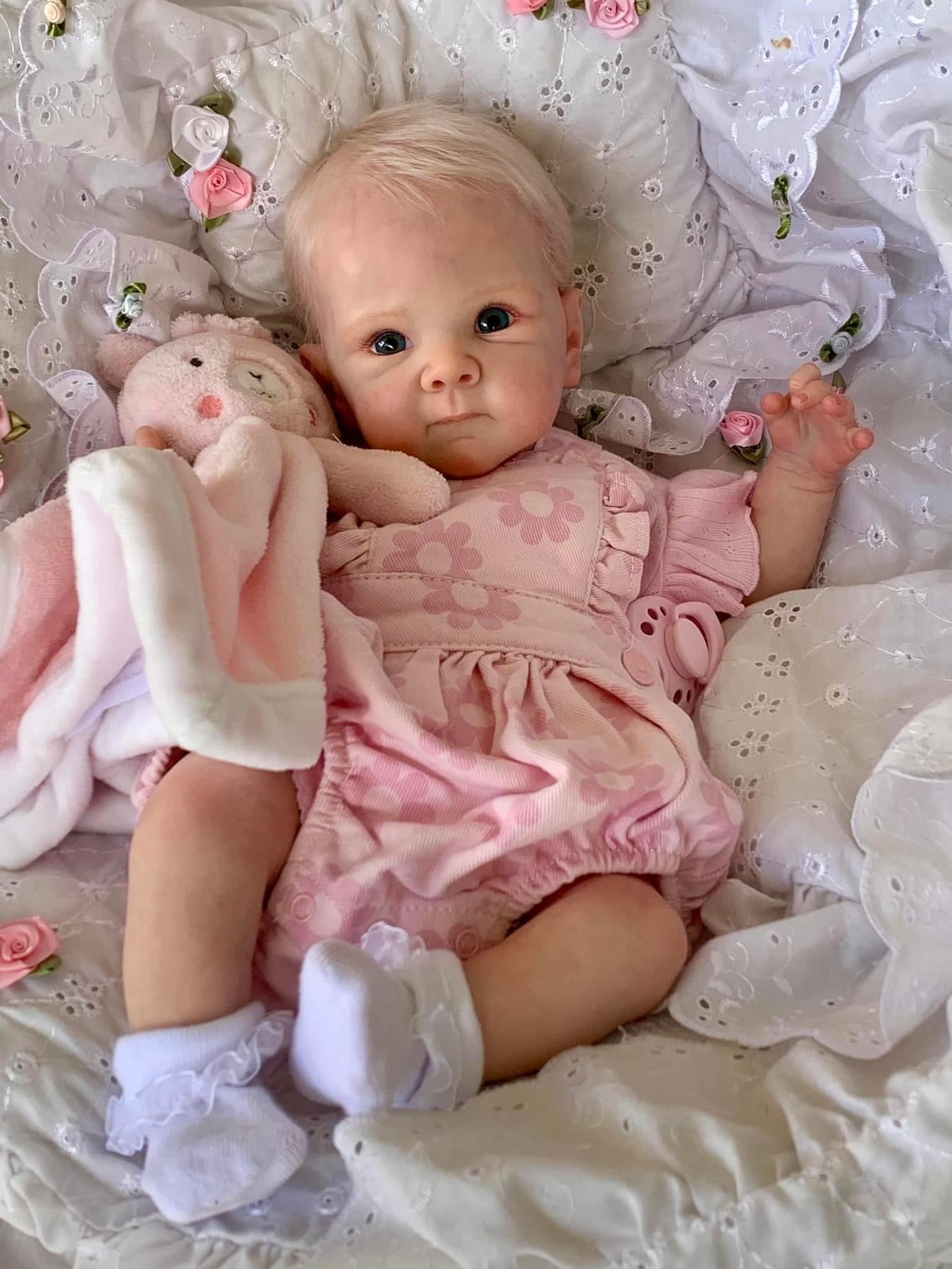 Zero Pam®️45 cm große, realistische Reborn-Babypuppen – Zero Pam handgeknüpftes blondes Haar – handgefertigte, lebensechte Neugeborenen-Babypuppen mit blauen Augen